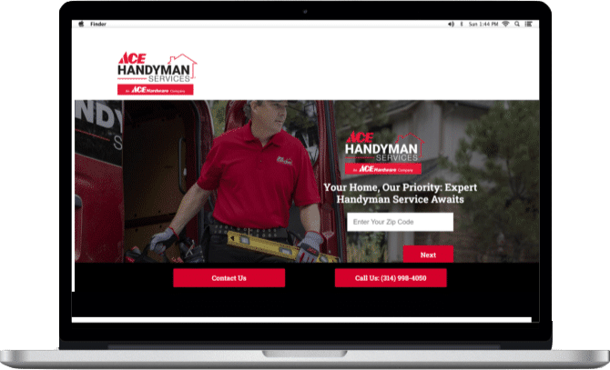 A laptop that shows the Google Ads landing page for Ace Handyman Services.