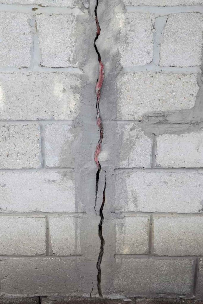 A crack in the basement foundation of a home.